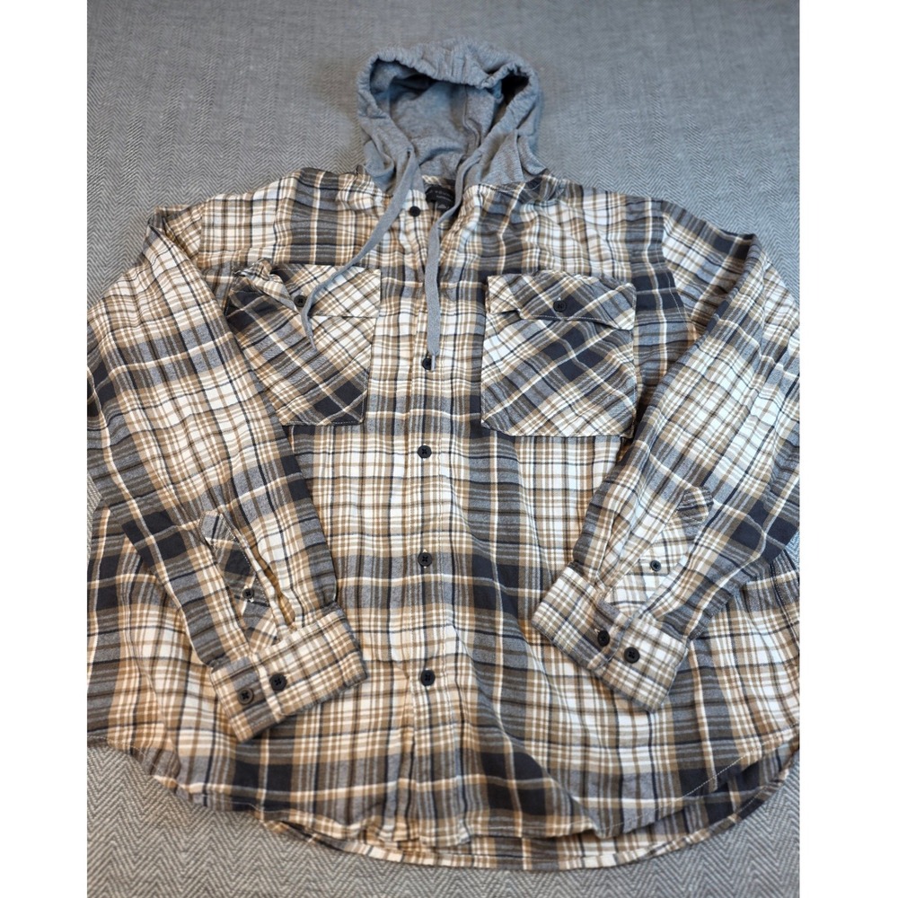 No Boundaries Mens 2XL Oversized Hooded Flannel Shirt Plaid Brown Tan Black